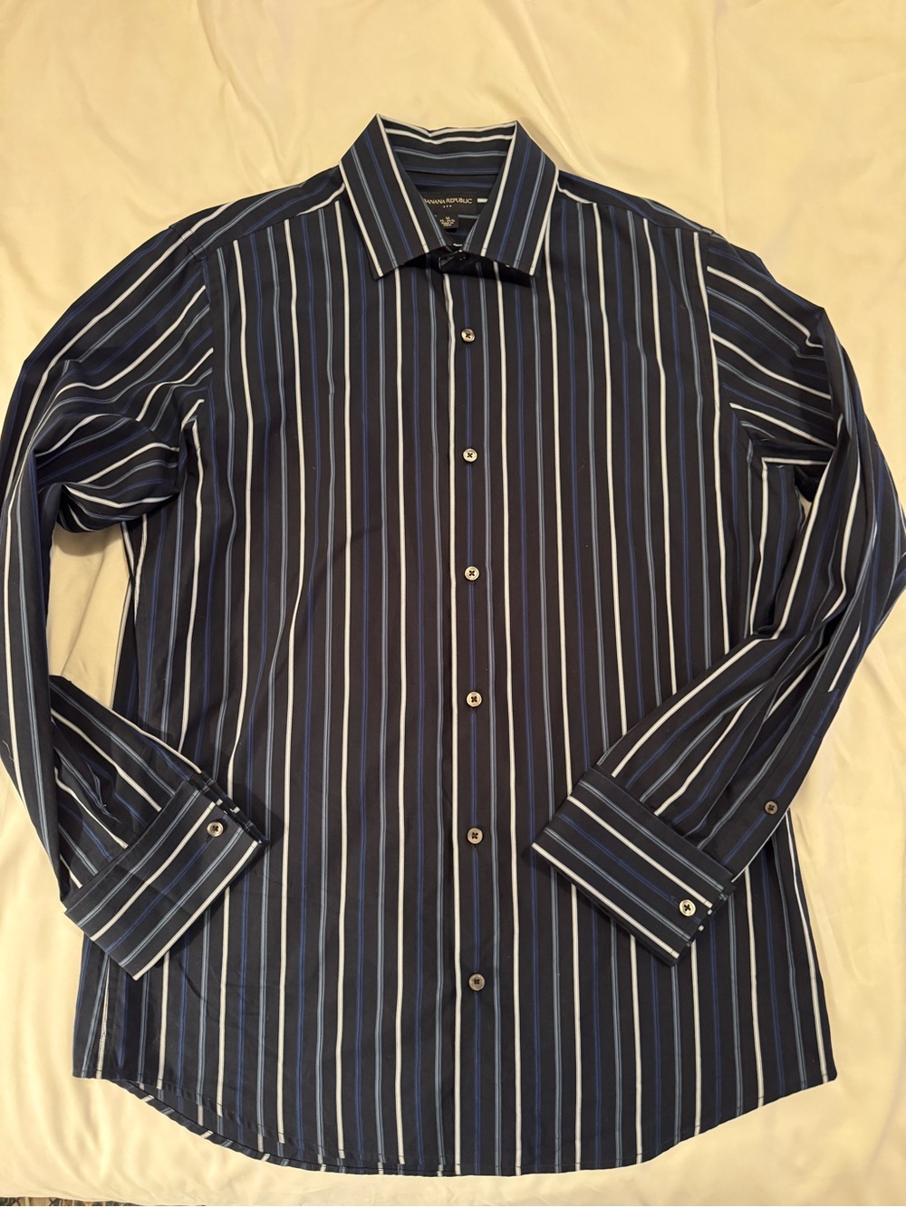 Banana Republic Men's Navy and Light Blue Stripe Dress Shirt